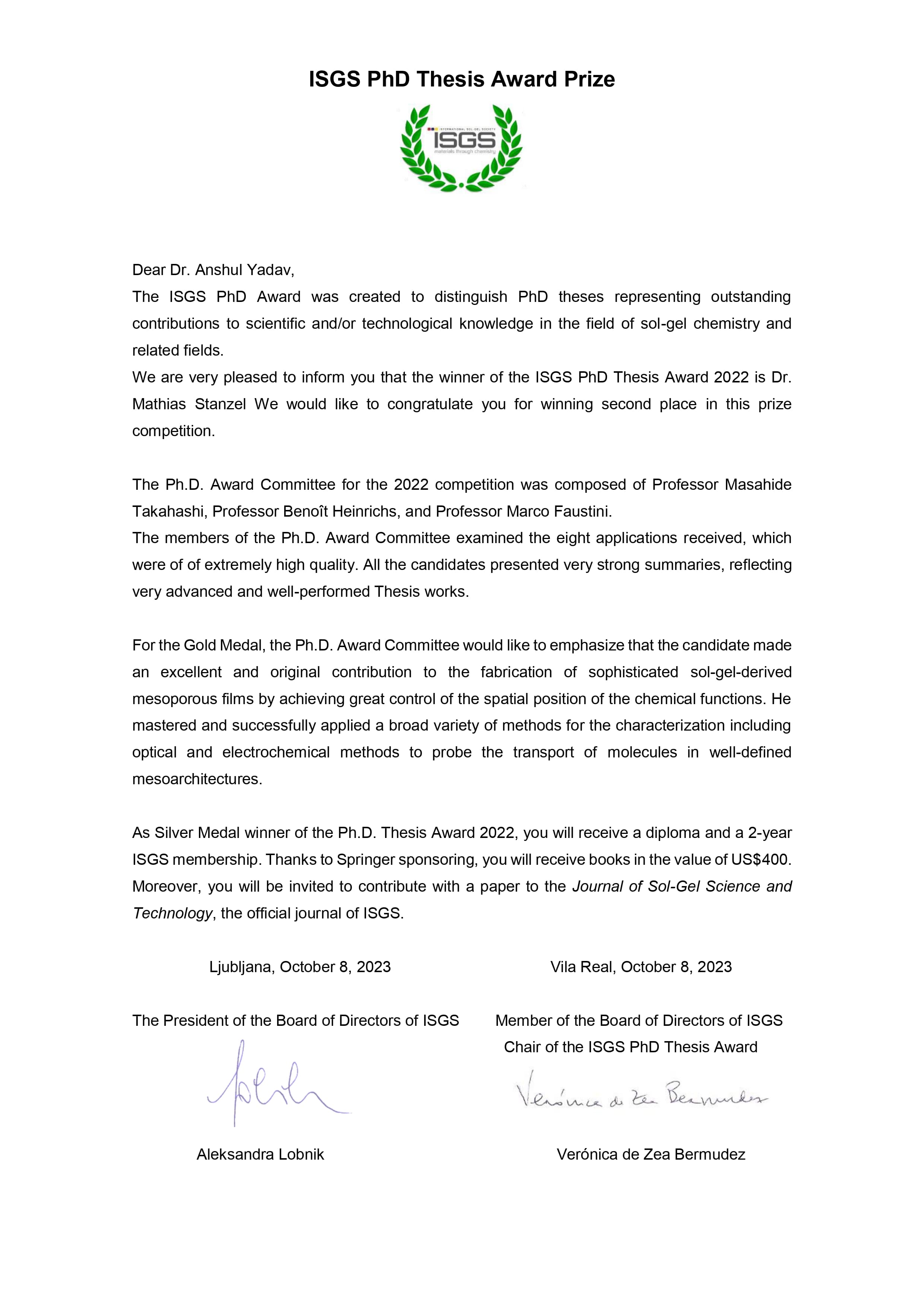 Silver Medal for Ph.D. Thesis